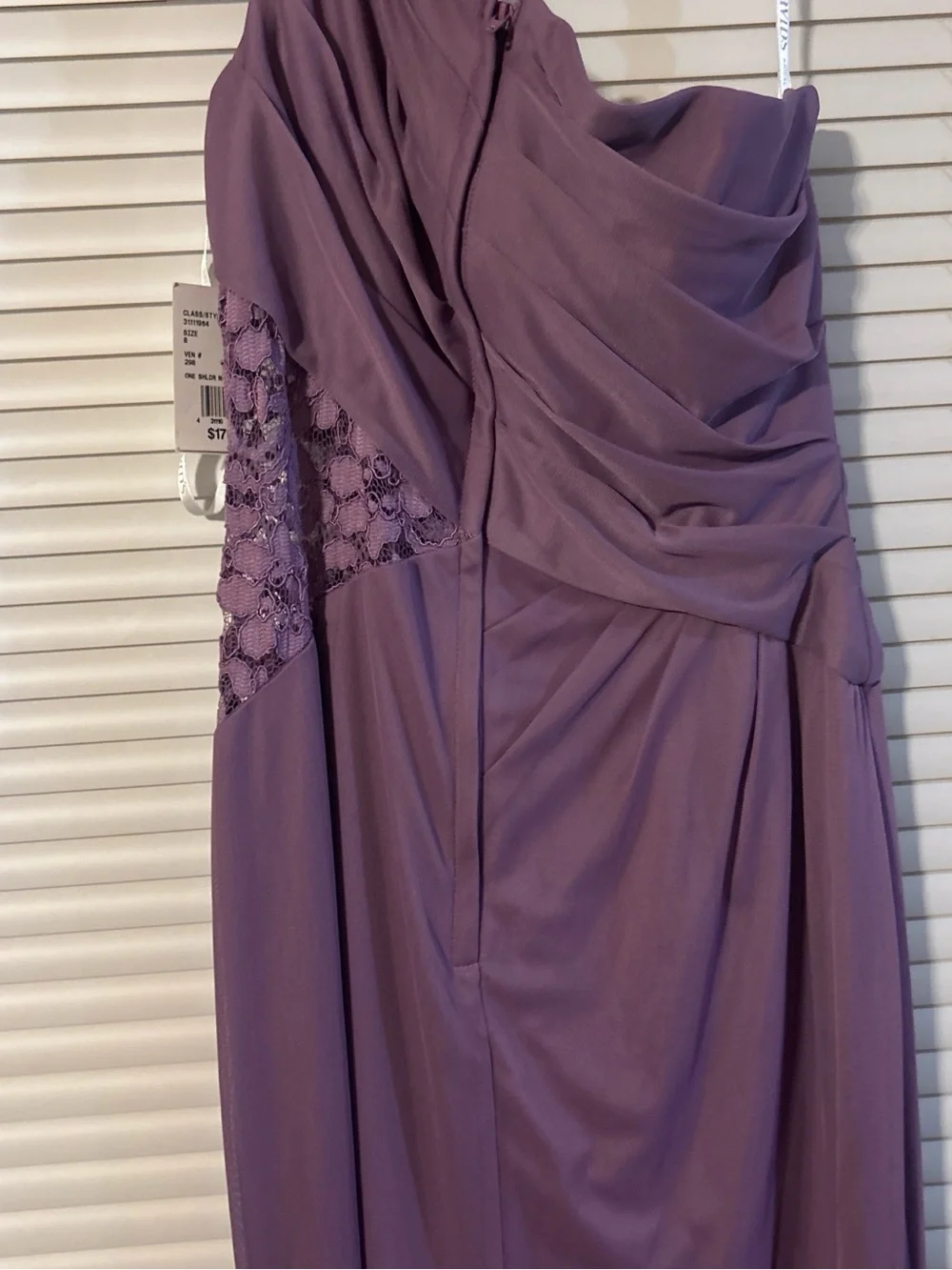 David's Bridal One-Shoulder Mauve Evening Gown Length is 60” strap to bottom - Picture 6 of 7